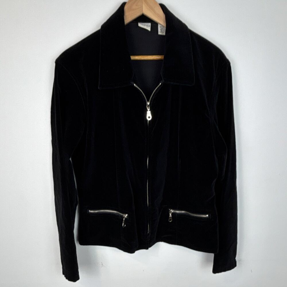 Sostanza Black Velvet Full Zip Collared Jacket zipper pockets Short L Women